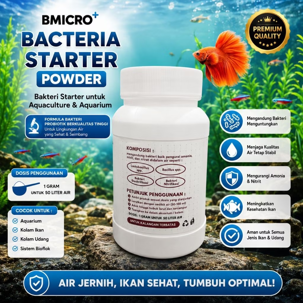 B MICRO+ BACTERIA STATER POWDER 175gr / 330gr  Pengurai Amonia Nitrit Air Jernih Bakteri Baik Aquarium, Koi, Bioflok, Udang