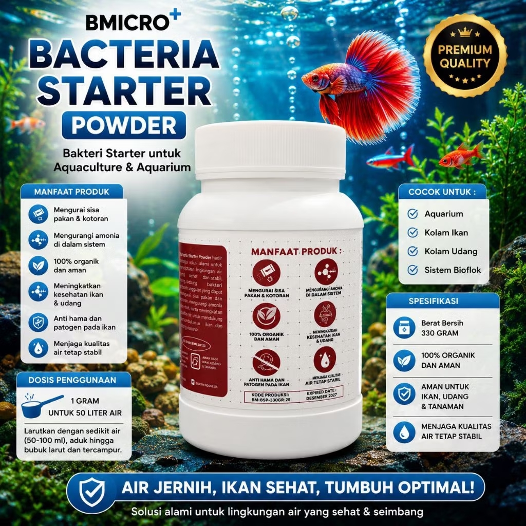 B MICRO+ BACTERIA STATER POWDER 175gr / 330gr  Pengurai Amonia Nitrit Air Jernih Bakteri Baik Aquarium, Koi, Bioflok, Udang