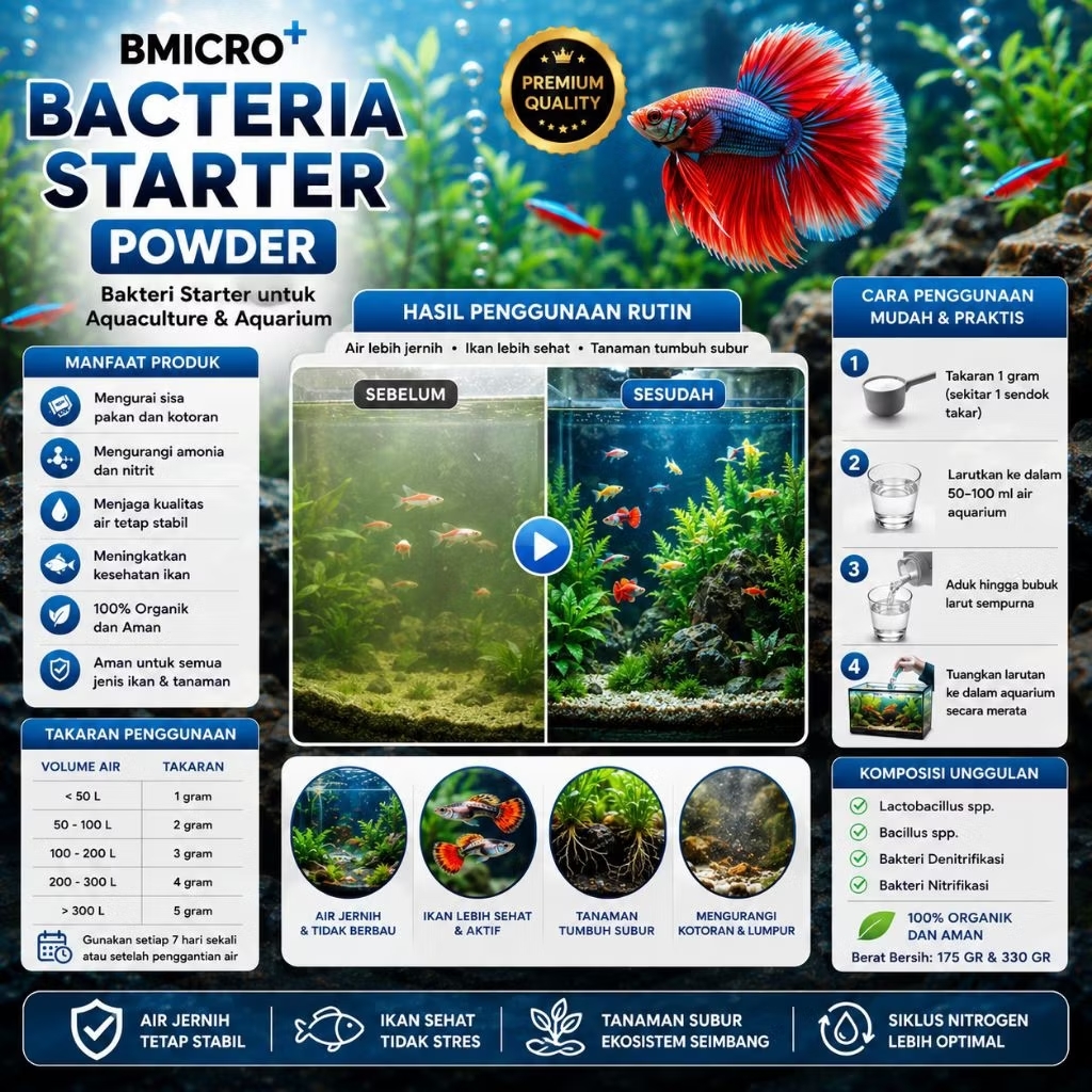 B MICRO+ BACTERIA STATER POWDER 175gr / 330gr  Pengurai Amonia Nitrit Air Jernih Bakteri Baik Aquarium, Koi, Bioflok, Udang