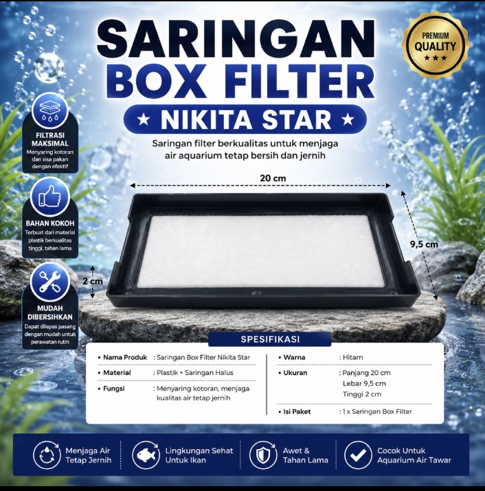 Saringan Box Filter Nikita Star 20 x 9.5 x 2cm  Filter Halus Box Kolam Koi & Aquarium Filter Mekanis PVC Premium