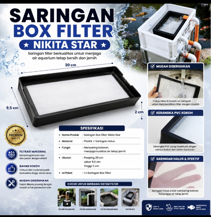Saringan Box Filter Nikita Star 20 x 9.5 x 2cm  Filter Halus Box Kolam Koi & Aquarium Filter Mekanis PVC Premium