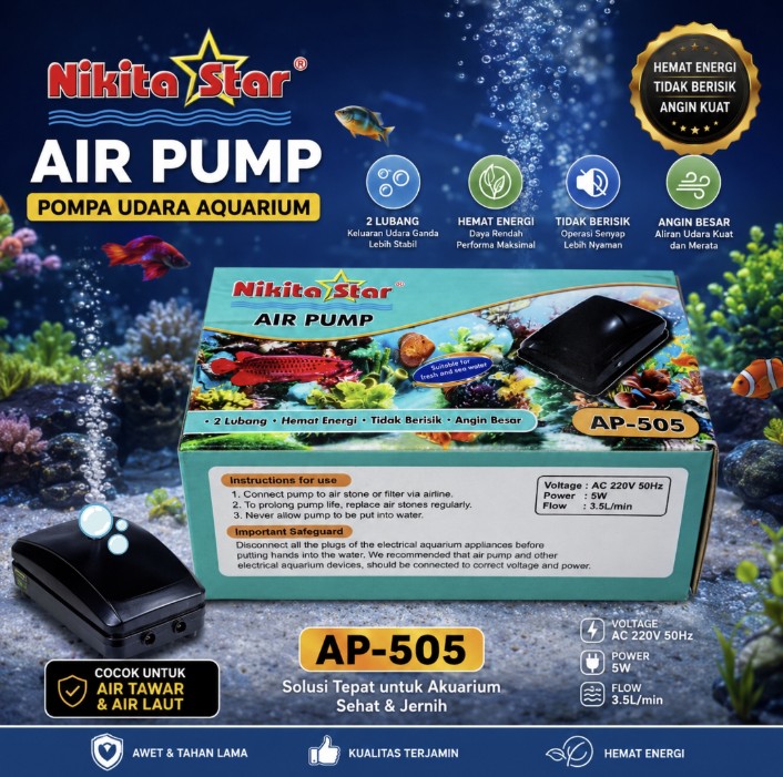 AIRPUMP NIKITA STAR AP 505 POMPA UDARA AERATOR AQUARIUM 2 LUBANG OUTPUT