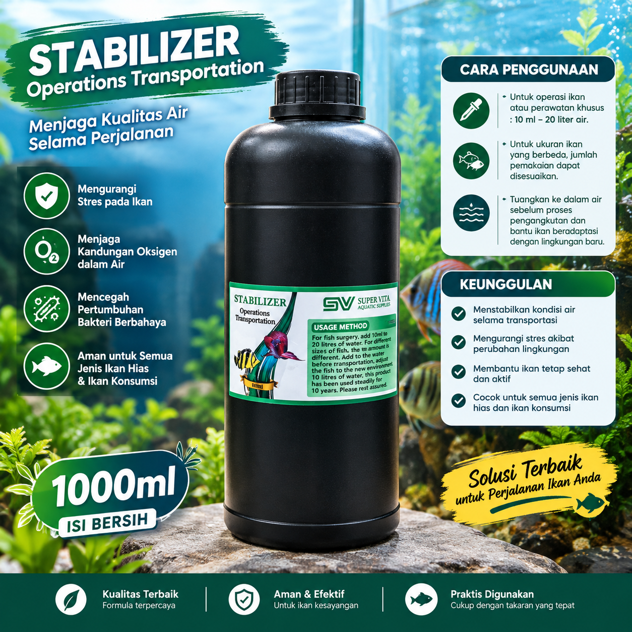 SUPERVITAL STABILIZER OPERATIONS TRANSPORTATION 1000ML UNTUK IKAN HIAS