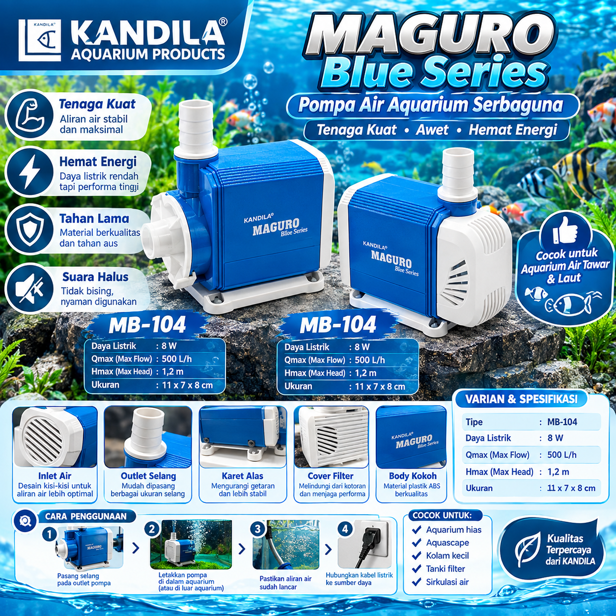 KANDILA MAGURO MB 104 Blue Series Pompa Kolam Aquarium Hidroponik