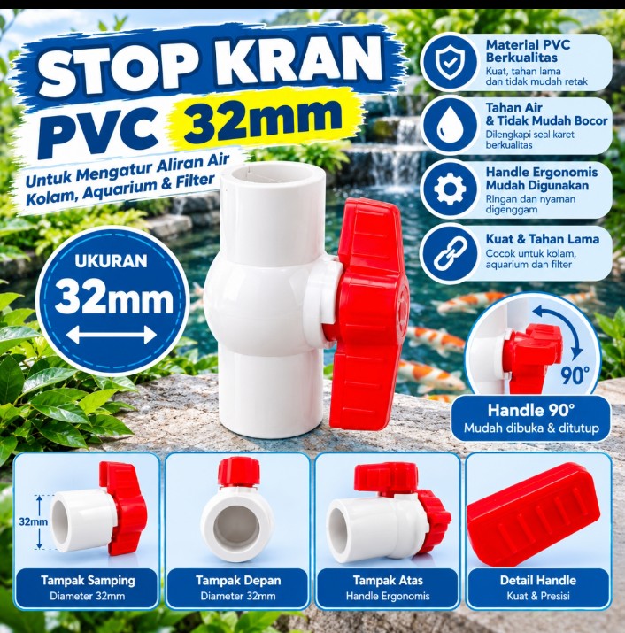 Aksesoris Pipa PVC 32mm untuk Kolam dan Aquarium Elbow / Water Mor / Stop Kran / Bulkhead / Bottom Drain Untuk filter Chinese Style