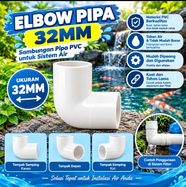 Aksesoris Pipa PVC 32mm untuk Kolam dan Aquarium Elbow / Water Mor / Stop Kran / Bulkhead / Bottom Drain Untuk filter Chinese Style
