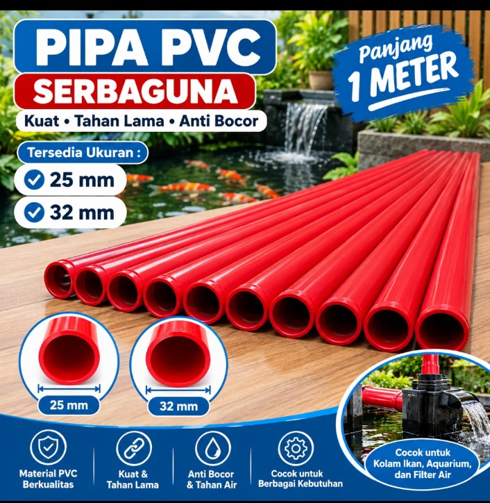 Pipa PVC Merah 25mm 32mm Panjang 1 Meter untuk Aquarium Kolam Ikan Koi dan Instalasi Air